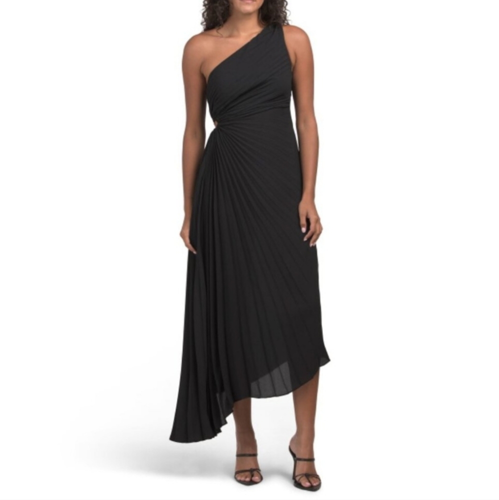 Nicole Miller Black One-Shoulder Pleated Dress
